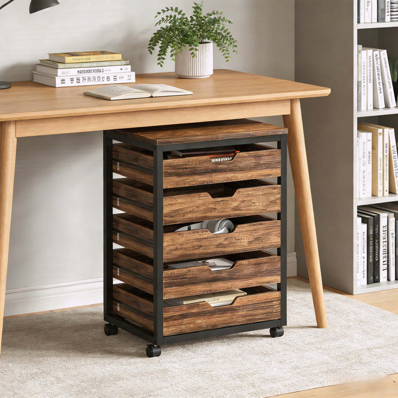 Commode de rangement mobile à 5 tiroirs avec style industriel, noir et bois