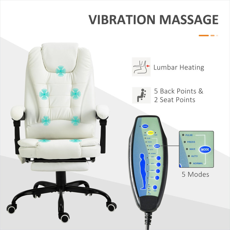 Fauteuil de bureau massant avec 7 points de vibration, dossier haut inclinable, repose-pieds rétractable, finition blanche, capacité de 135 kg