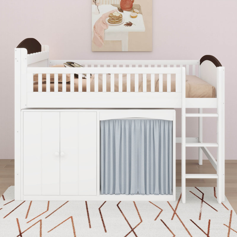 Lit mezzanine double avec armoire de rangement, garde-robe et DEL, Blanc / Espresso