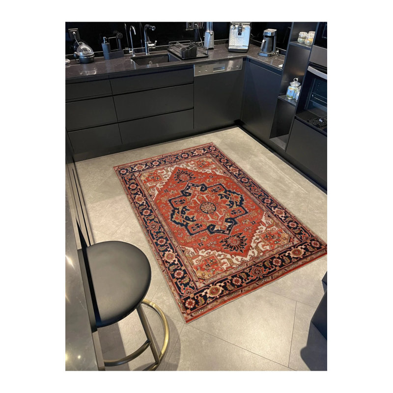 Red Framed Starry Traditional Fluffy Woven Based Washable Carpet, Rectangle 4' x 5'11"