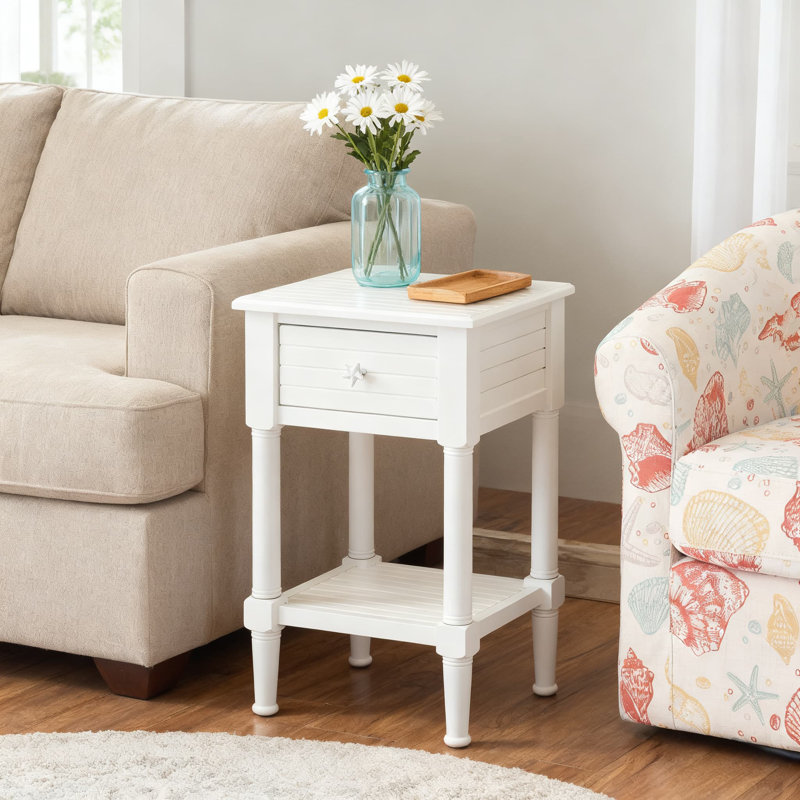 Coastal Accent Table With Starfish Knob And Pull-Out Drawer, Compact Side Table For Living Room, Bedroom, Or Beach House Decor