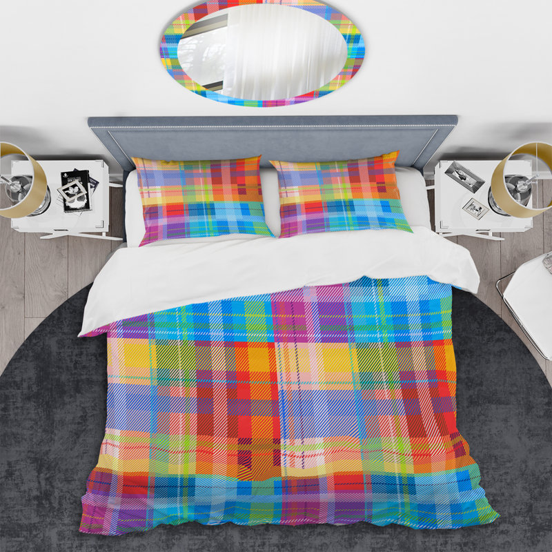 Ensemble de housse de couette multicolore à carreaux bleu / rouge / jaune en microfibre 2 pièces