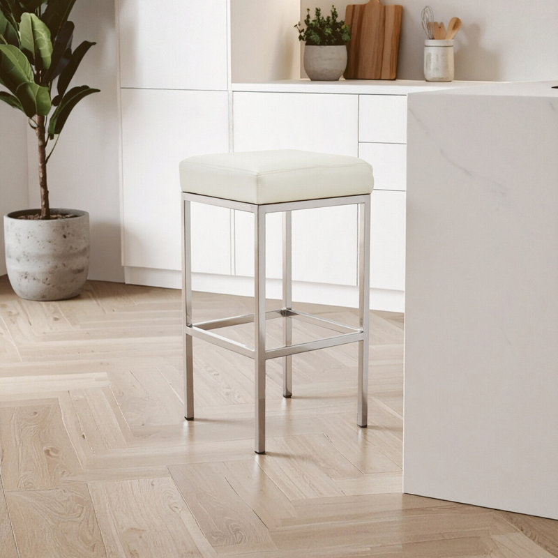 Avitable Upholstered Counter Stool with Metal Frame, Silver, White