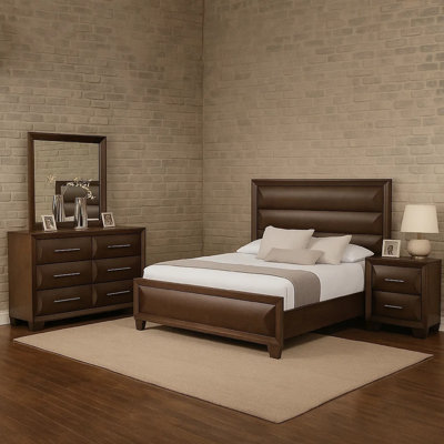 Ensemble de chambre à coucher grand lit 4 pièces Nitz, tête de lit sculptée brun espresso