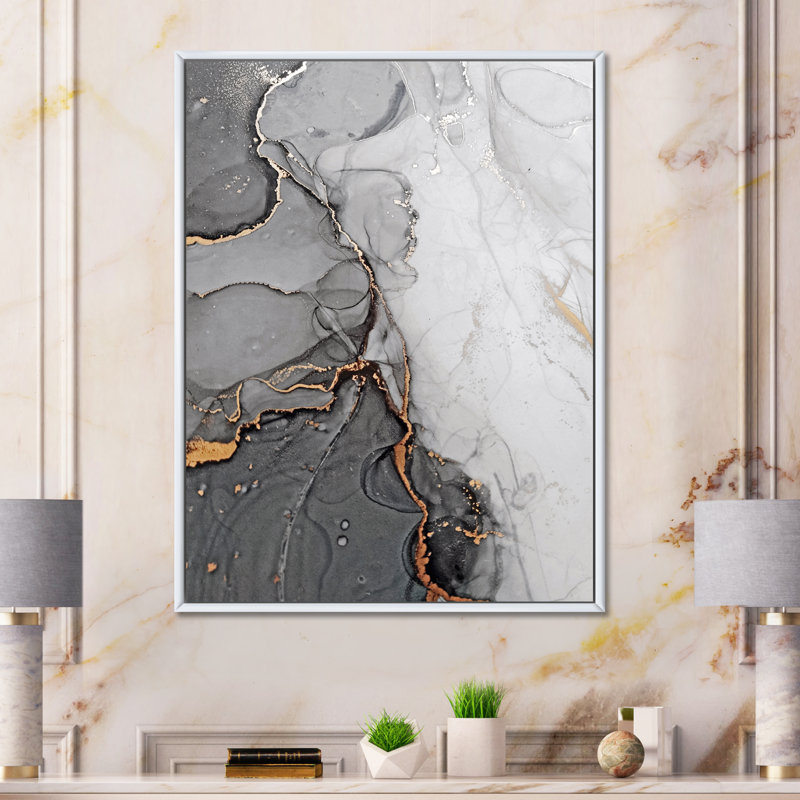 Vagues de marbre gris et orange - peinture sur toile, Cadre photo blanc, H 40 po x l 30 po