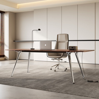 60" Executive Desk, Modern Desk for Home Office, Wooden Study Writing Work Table with Power Outlets and USB-C Port, Large Legroom, Sturdy Metal Frame, Mid-Century Modern Simple