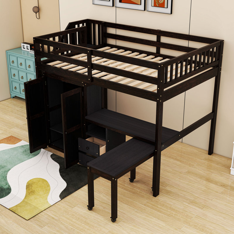 Lit mezzanine à deux tiroirs avec bureau intégré, tablettes de rangement et garde-robe, Double, Espresso