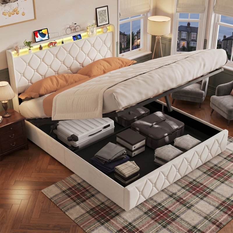 Lift Up Storage Bed Frame, European Double (140 x 200 cm), Beige