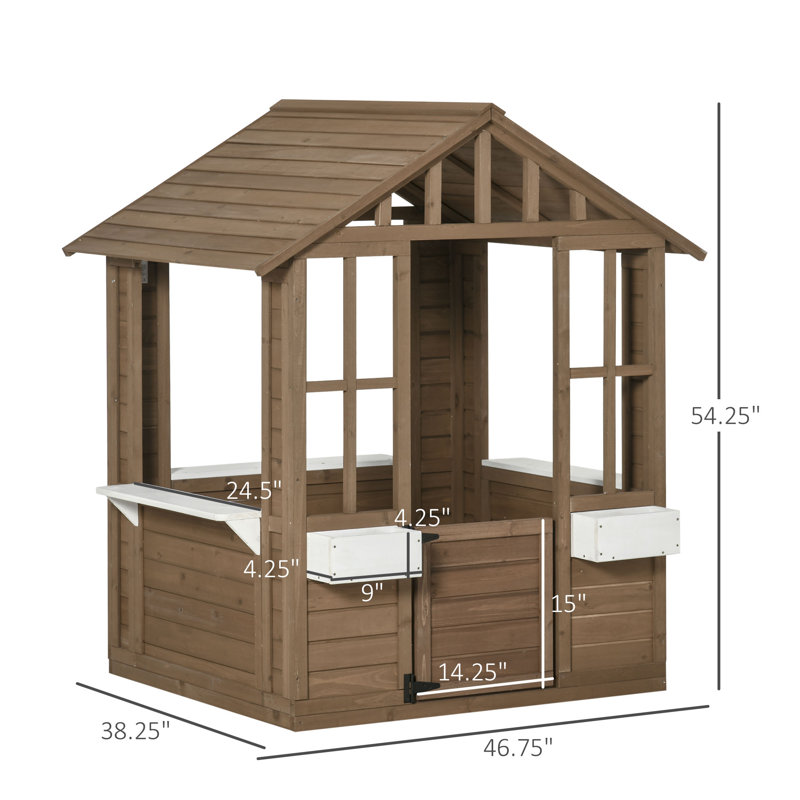 Brown Wooden Outdoor Kids Playhouse with Flowerpot Holders