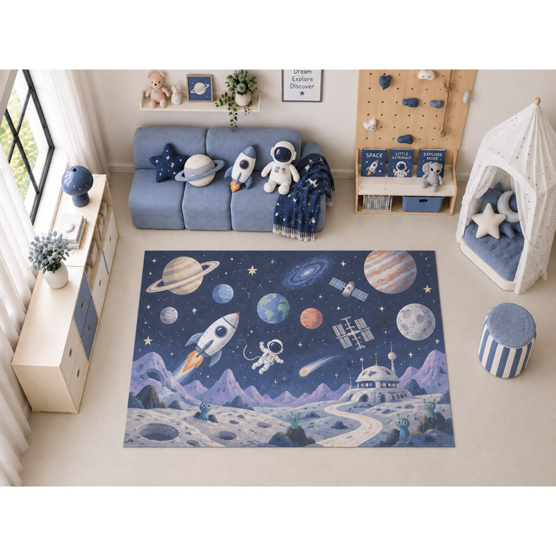 Tapis de sol ultramince 152 x 213 cm (5' x 7') sur le thème de l'aventure spatiale, des planètes galactiques, idéal pour la chambre d'enfant, la salle de jeux ou la chambre à coucher. Doux et confortable, il est parfait pour les enfants.