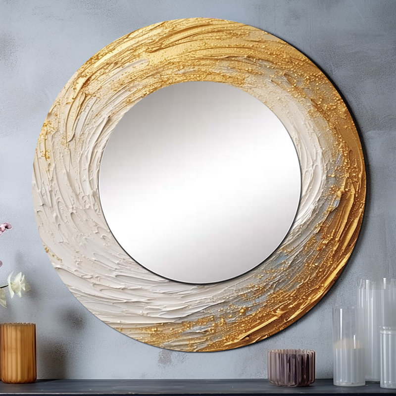 Or crème Infinite Swirls IV - miroir spirales abstraites, miroir mural rond doré unique, impression sur métal, 36 po x 36 po