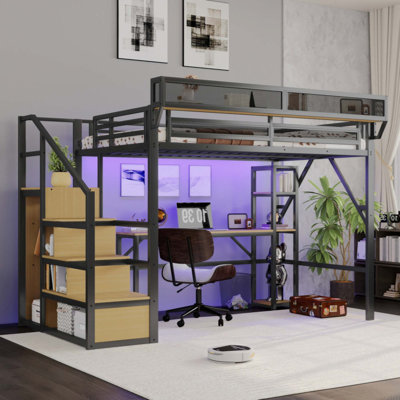 Lit mezzanine avec bureau et tablettes de présentation, lit mezzanine en métal avec escalier, garde-robe, station de charge et éclairage DEL pour enfants
