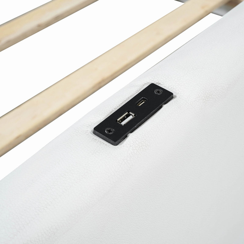 Upholstered Platform Bed With Guardrail And Charging Station, White