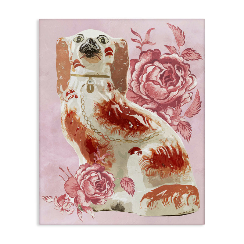Art d'épagneul antique sur toile rose, par Lil 'Rue, H 30 po x l 24 po