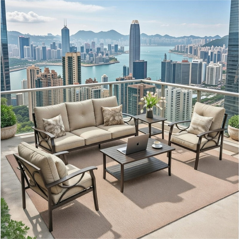5-Piece Metal Patio Furniture Set, 5-Seat All-Weather Conversation Sofa with 4 Inches Thick Beige Cushions, Khaki Frame, Coffee Table & End Table for Porch Backyard Garden