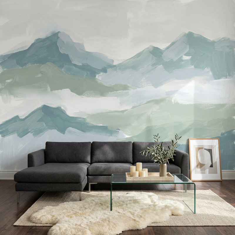 Papier peint abstrait paysage de montagne avec décoration murale brumeux amovible, Non-Woven Nonpasted, 120 po x 96 po