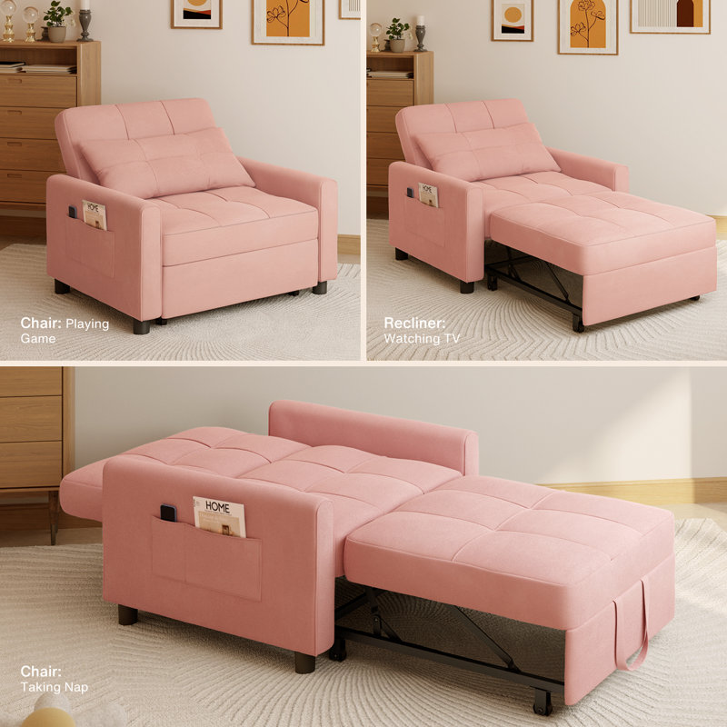 Pink Linen Blend Convertible Accent Recliner Chair with Pillow