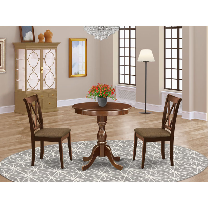 L'ensemble de table de salle à manger 3 pièces comprend une table de cuisine ronde avec piédestal et 2 chaises de salle à manger rembourrées en tissu de lin, 30 x 30 pouces, acajou
