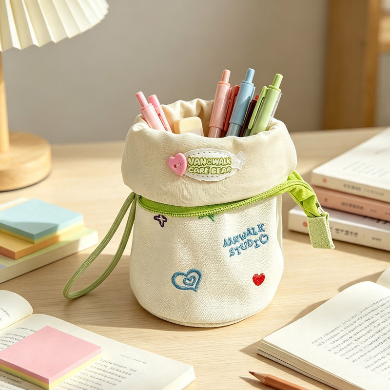 Trousse à crayons cylindrique pliable grande capacité, Blanc