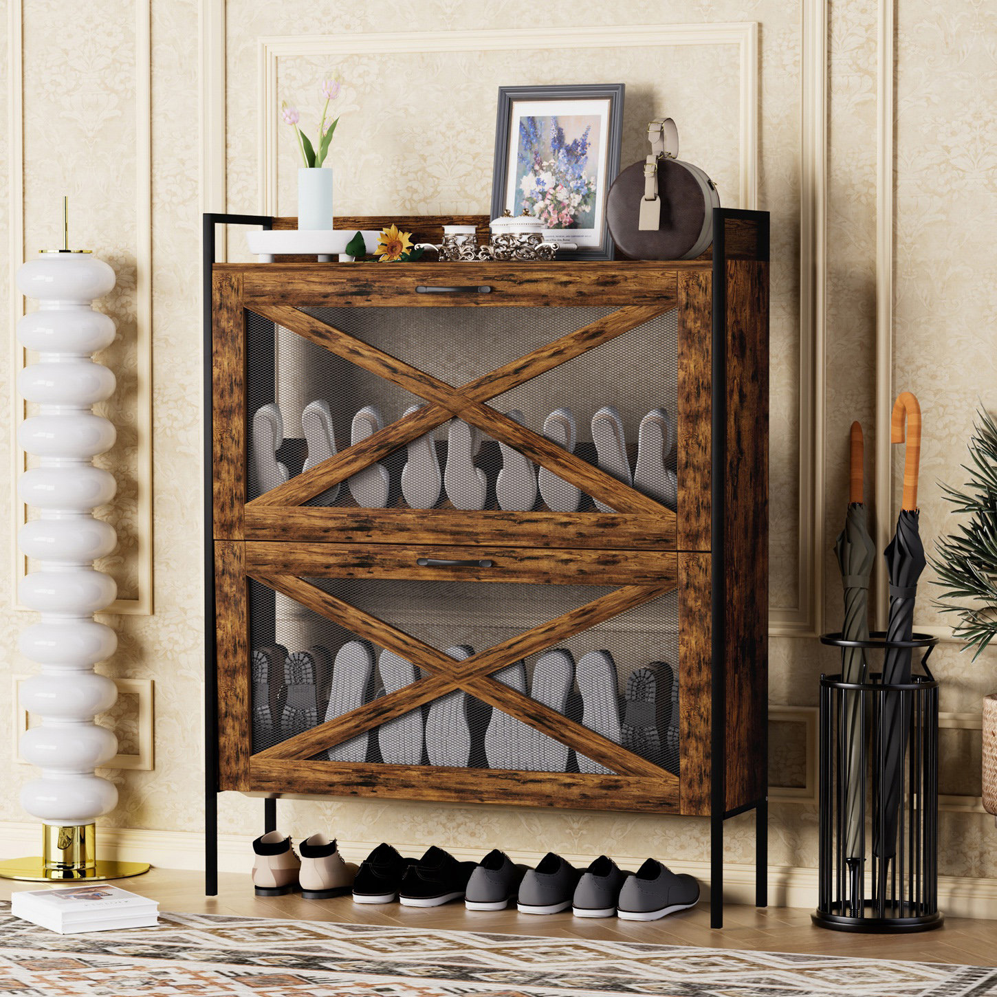 Dynoson Shoe Cabinet With 2 Flip-Top Drawers, Entryway Shoe Cabinet ...