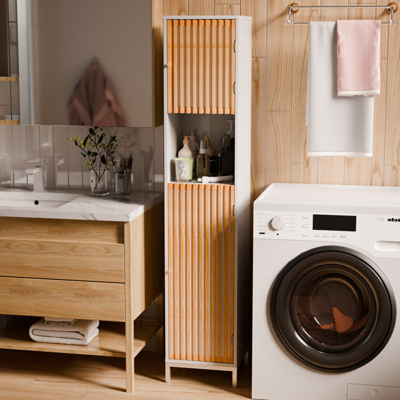 Bathroom Tall Storage Cabinet With Bamboo Slats Door - Natural/White