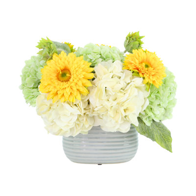 Hydrangea and Sunflower Arrangement in Ridged Vase