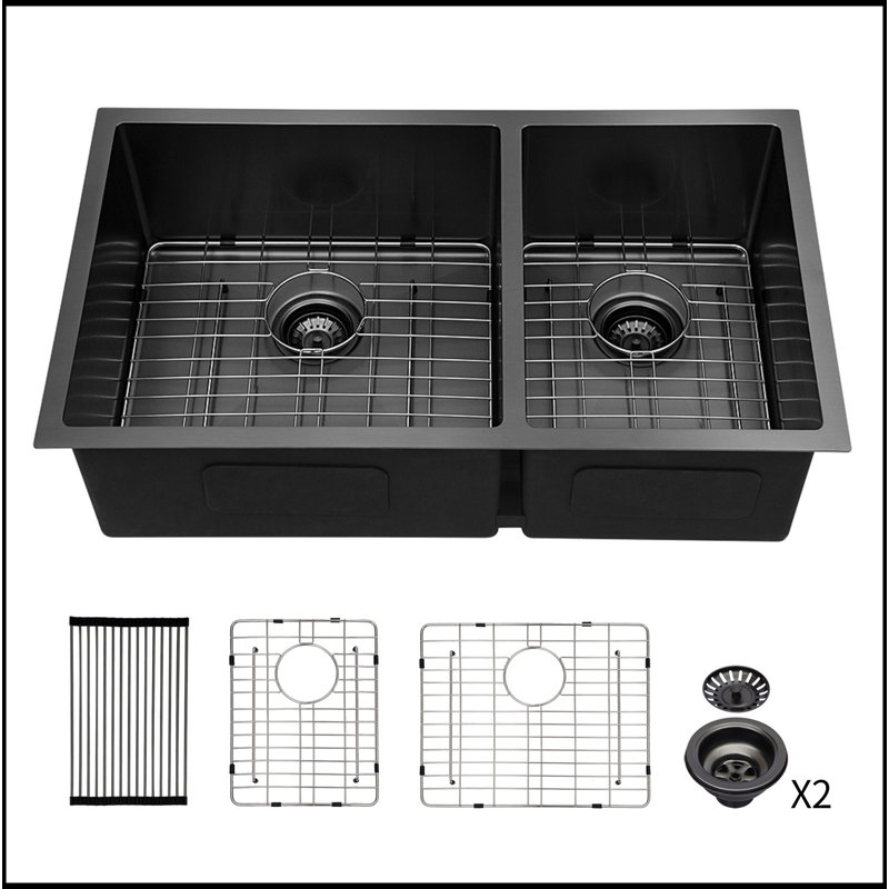 Undermount Sink- 33"X19" Gunmetal Black  Double Bowl Kitchen Sink 16 Gauge