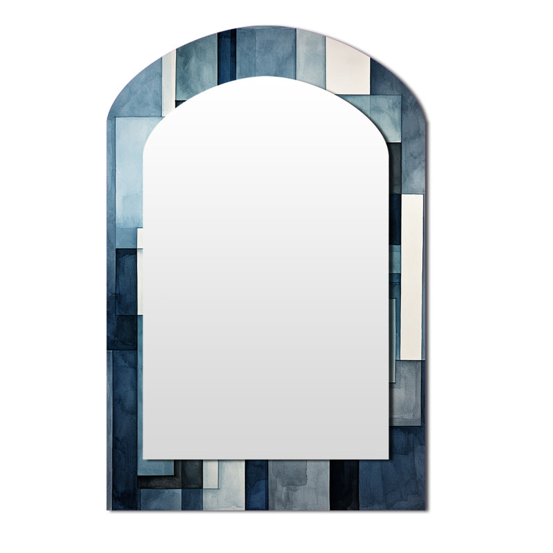 Indigo Illusion Abstract Shapes II - Abstract Shapes Arch Decorative Wall Mirror, Grey Asymmetrical Large Mirror, Printed Metal Art