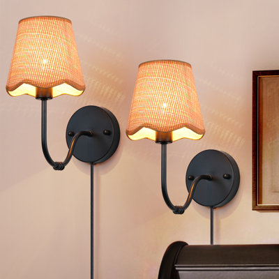 Set Of 2 Boho Black Plug In Wall Sconces, Rustic Modern Hand Woven Wicker Wall Light With 70.8" Cord And Switch For Bedside, Living Room, Hallway
