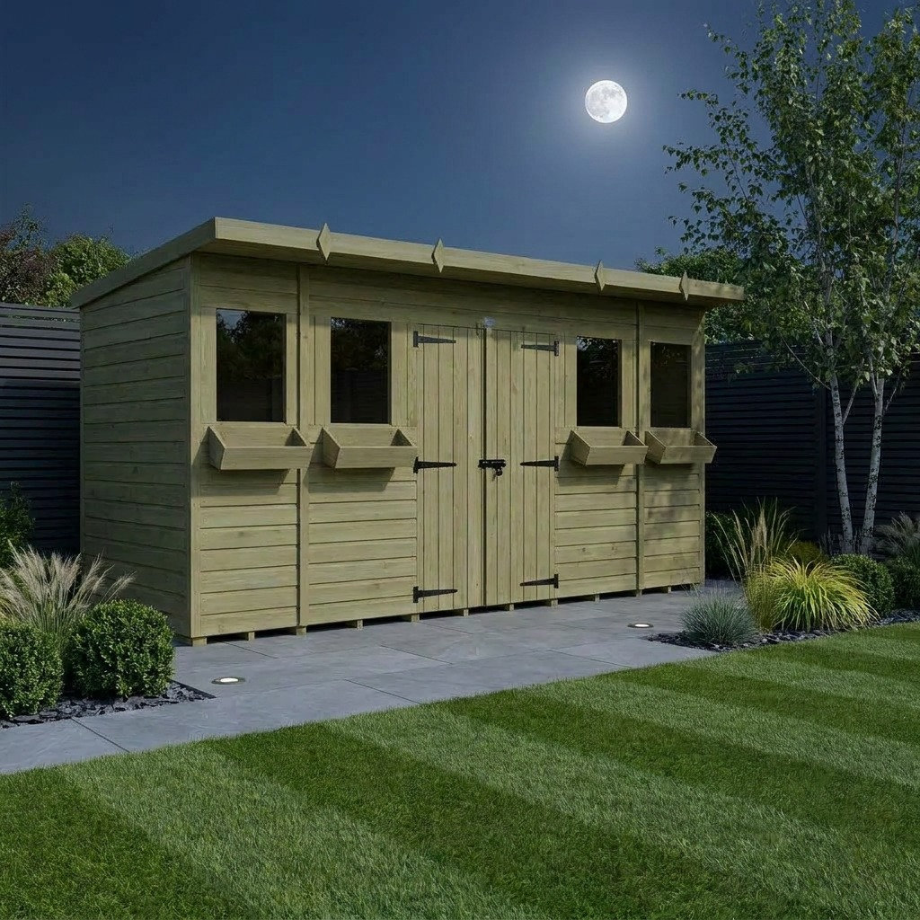 Total Sheds 14ft x 4ft Pent Summer Shed - Toughened Glass External Planters - Pressure Treated Timber - UK Manufactured