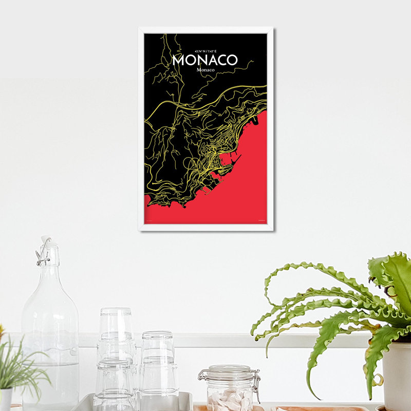 Monaco City Map, impression, H 17 po x l 11 po, Noir / rouge / jaune