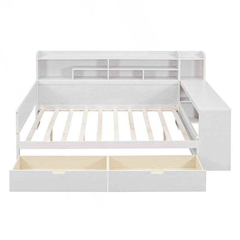 Lit de jour double de style moderne avec tablettes de rangement, lit multifonctionnel avec deux tiroirs de rangement