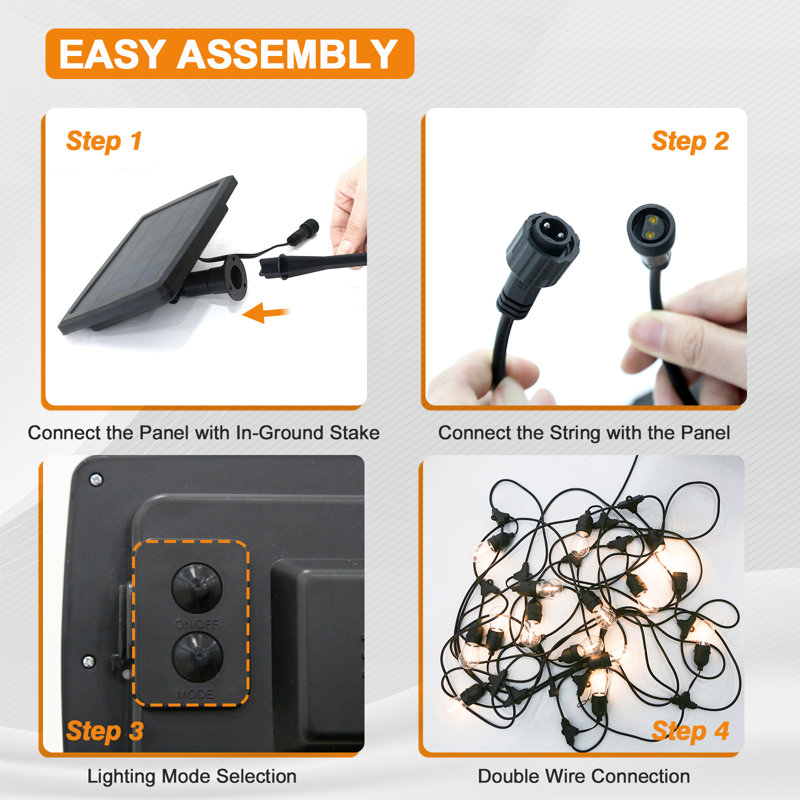 50' Black Solar Powered Outdoor String Lights with Warm White LED Bulbs