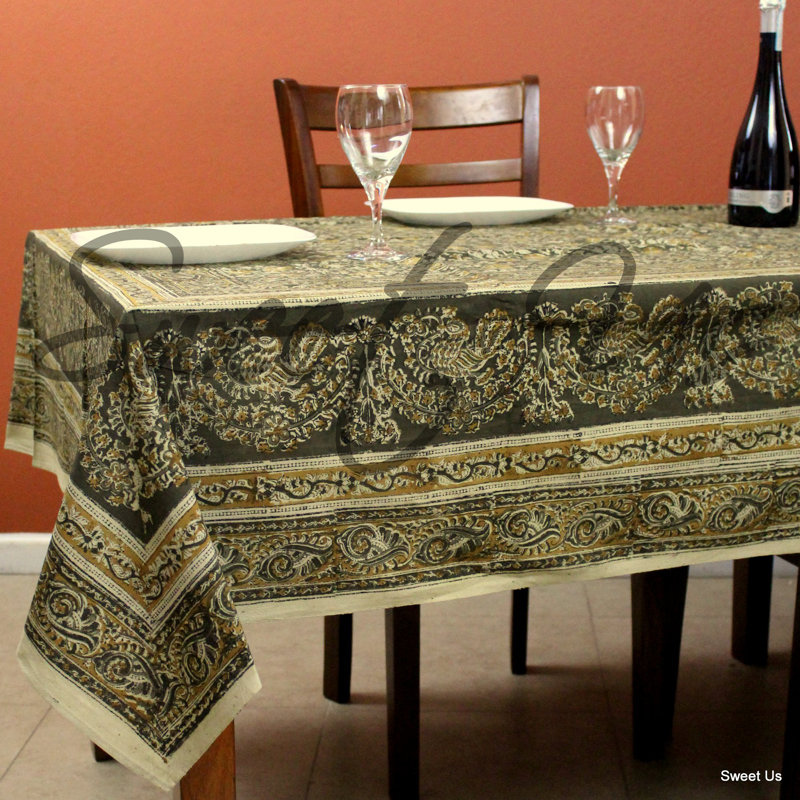 Cotton Vegetable Dye Hand Block Print Tablecloth Rectangle Green Gold Beige, Green, 104" L x 70" W