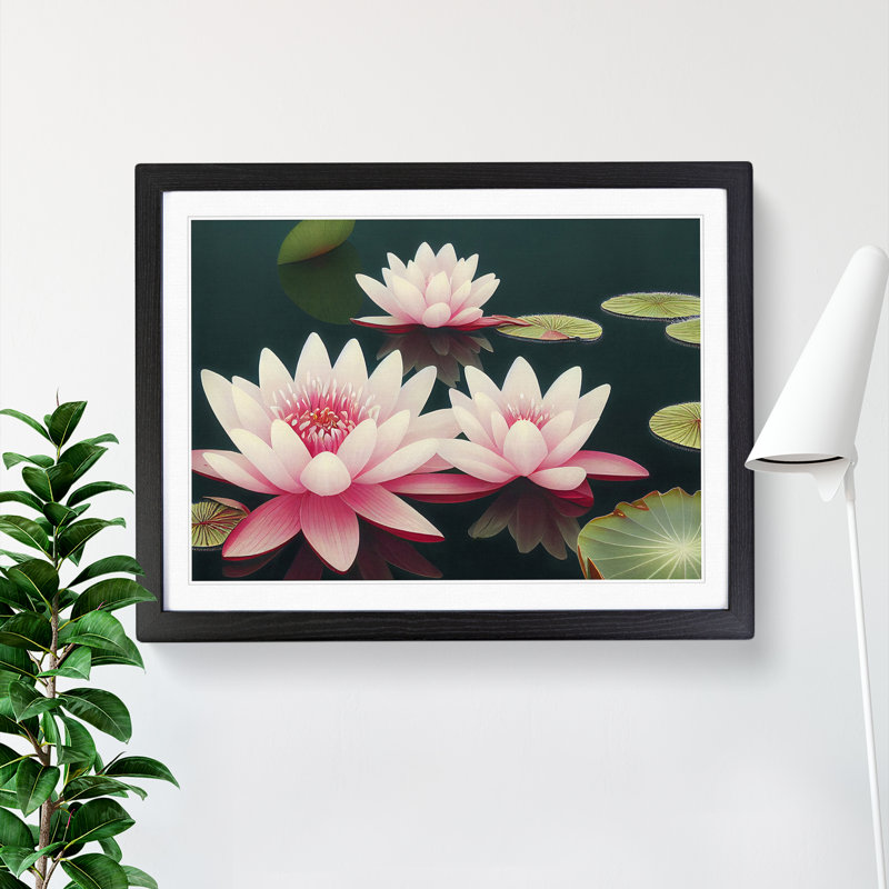 Electrifying Water Lily Flowers - Single Picture Frame Print, 46cm H x 64cm W x 2cm D, Black 