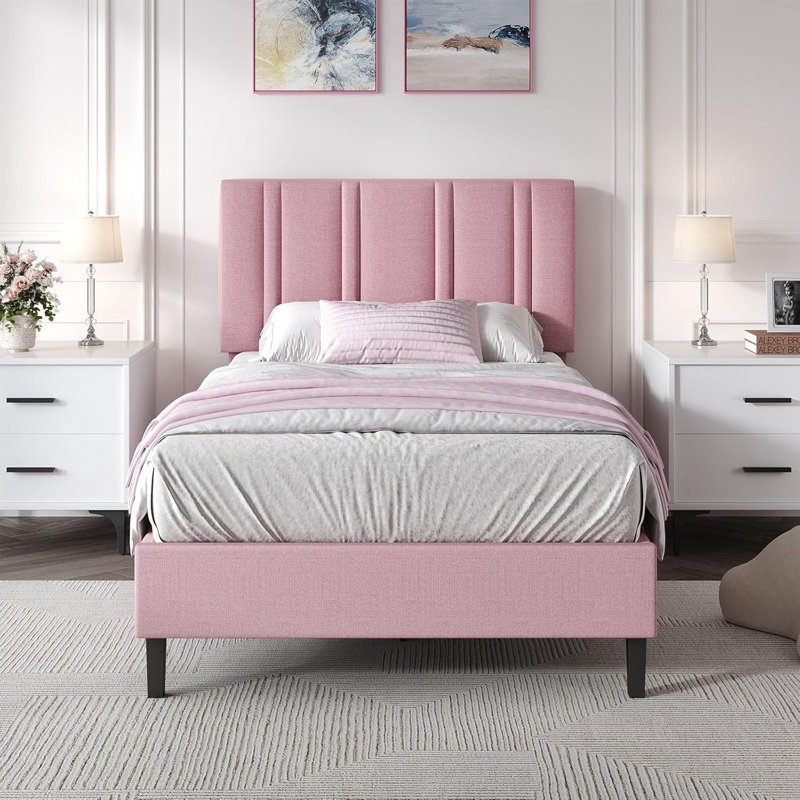 Tête de lit capitonnée, lits plateforme tapissiers avec support en lattes de bois, structure de lit en tissu, Simple, Rose