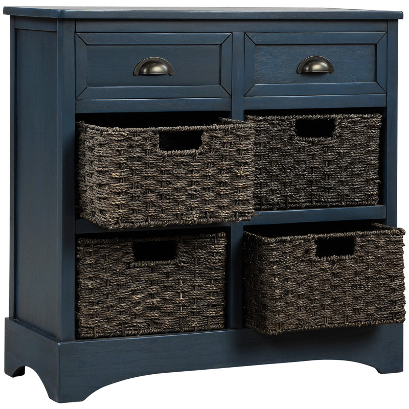 Rustic Storage Cabinet with Two Drawers and Four Classic Rattan Basket Accent Cabinet, Antique Navy