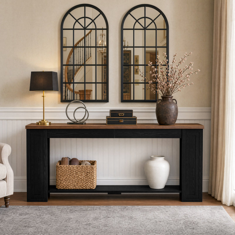 Console très longue de 83 pouces, table de ferme à 2 niveaux, table d'entrée étroite pour salon, couloir, vestibule, vestibule, noir et brun