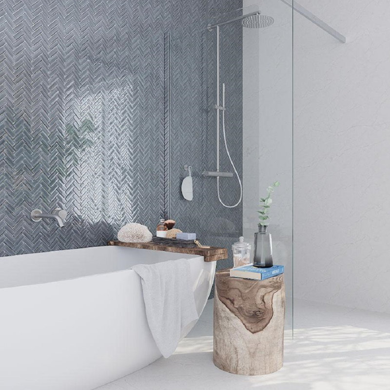 11"X 12.6" Herringbone Polished Glass Mosaic Tile, Dark Gray