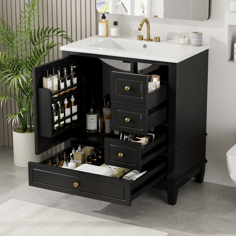 Meuble-lavabo 30 po avec lavabo, une porte avec tablette et trois tiroirs, porte à fermeture douce, noir