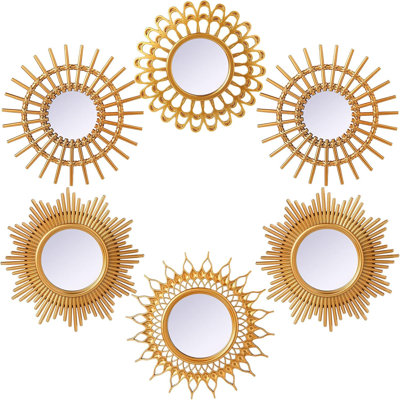 6 Pcs Decorative Mirrors - Small Circle Sun Mirrors For Wall Art - Entryway, Bathroom, Bedroom, Living Room