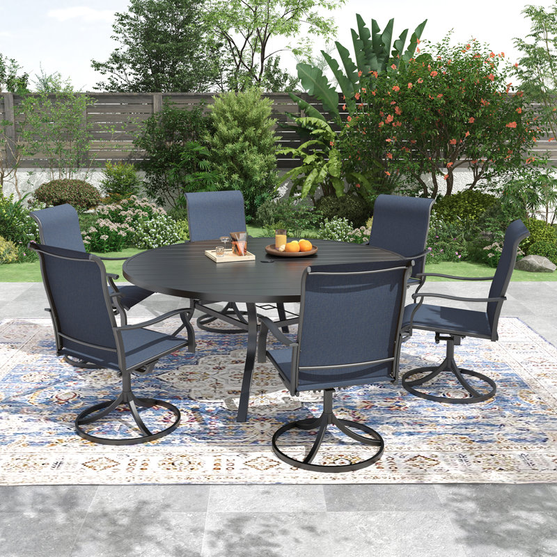 6-person Round Dining Set With Swivel Chairs, Navy