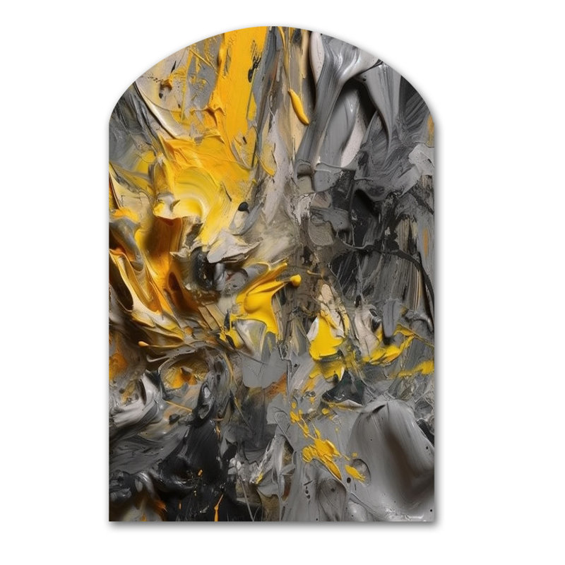 Moutarde jaune et gris vif - art abstrait en forme d'arche abstraite, H 43 po x l 33 po