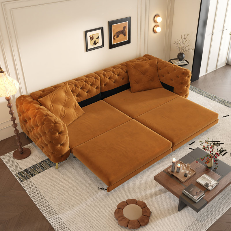Canapé-lit 97,7 po convertible 3-en-1 capitonné à 4 boutons avec repose-pieds mobile orange, Orange