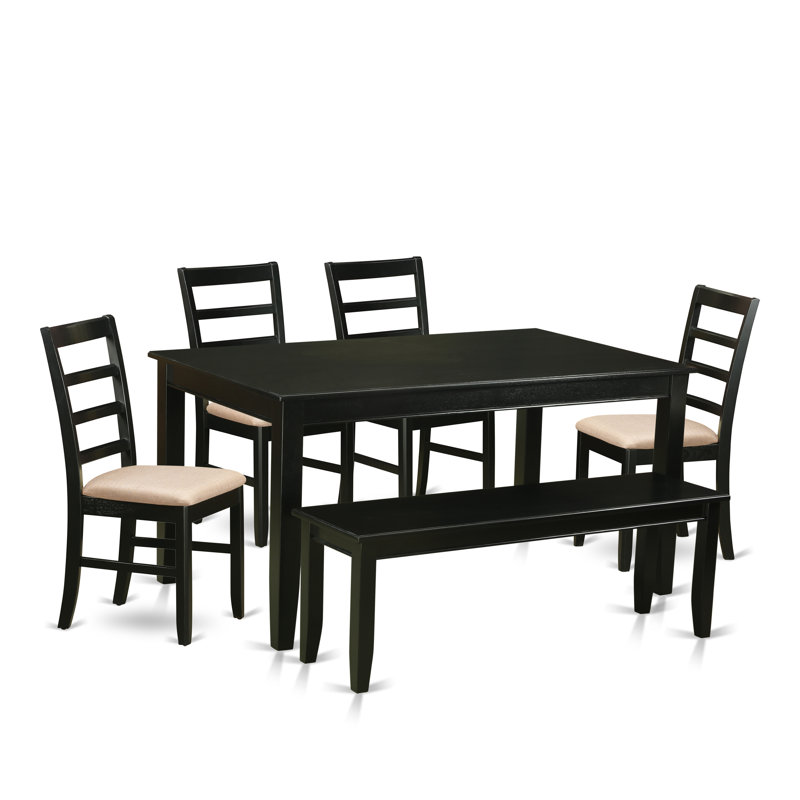 L'ensemble de meubles de salle à manger 6 pièces contient une table de cuisine rectangulaire et 4 chaises de salle à manger en tissu de lin avec un banc, noir
