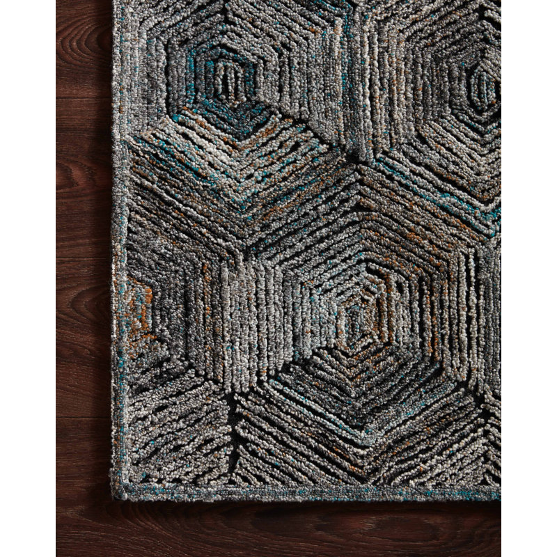 Tapis bleu / orange en polyester fabriqué à la main Emilianna, Rectangle 5 pi x 7 pi 6 po