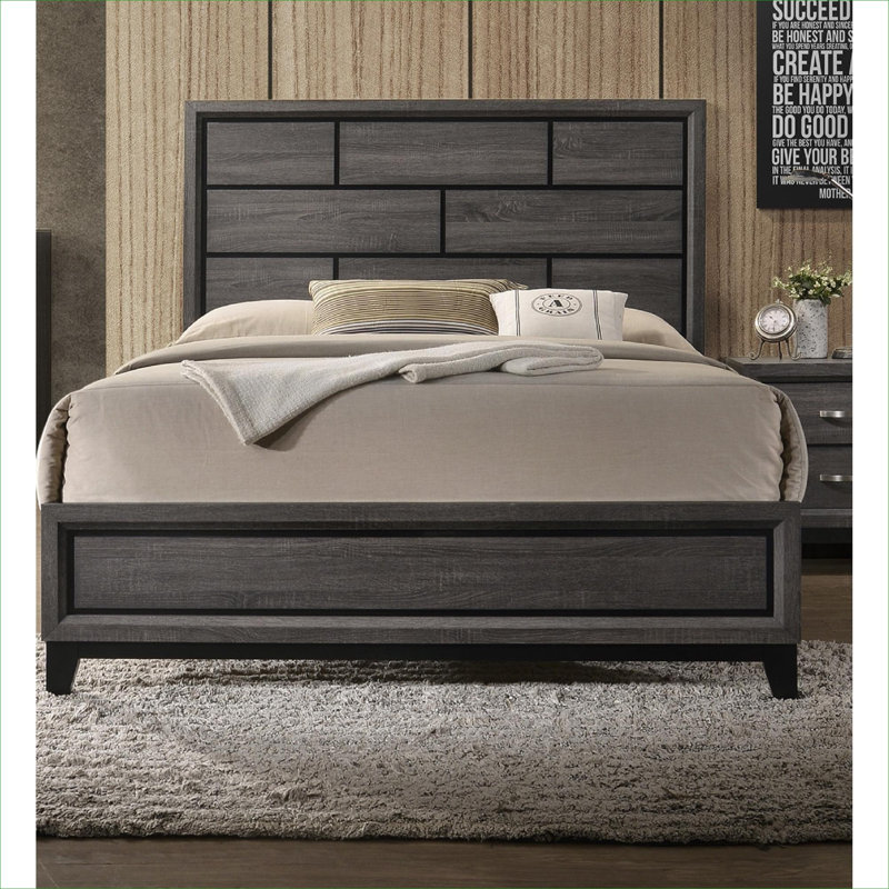 Youth Bedroom Twin Size Low-Profile Panel Bed, Contemporary Geometric Design Solid Wood Gray-Toned Bedroom Furniture, Gray