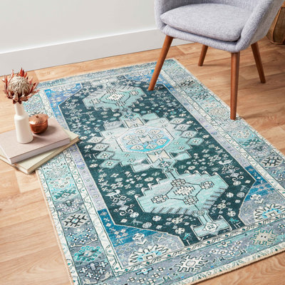 Tapis bleu tissé à la machine Anaelise