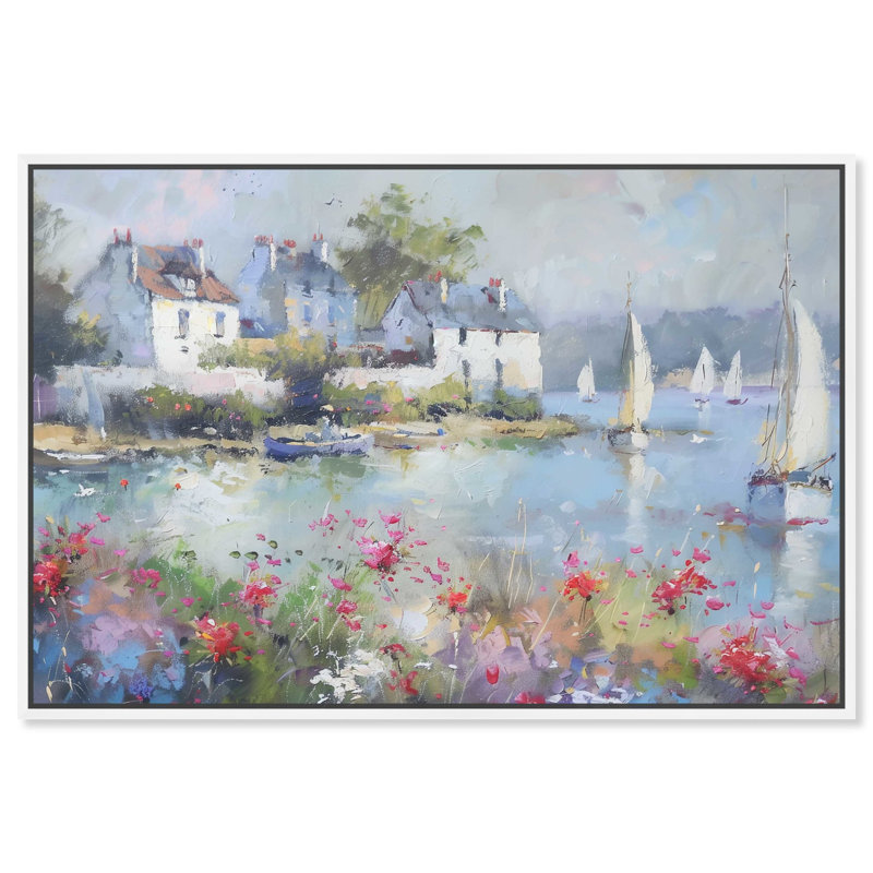Vibrant Coastal Town Abstract Canvas Print with Black Frame