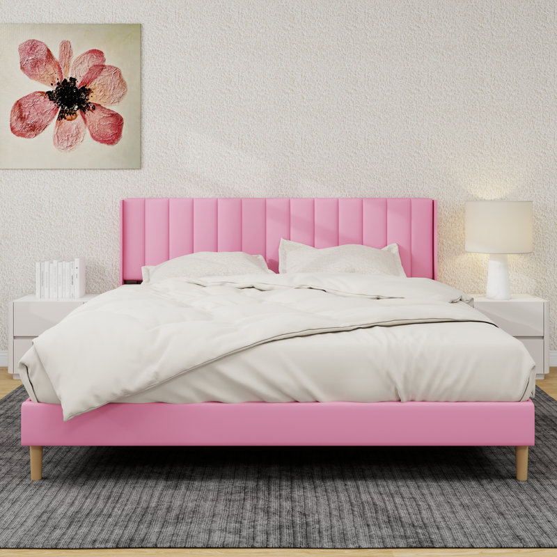 Upholstered Platform Bed Frame, King, Pink